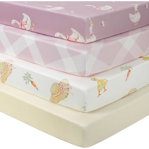 Baby Crib Sheets Girl, Toddler Bed Sheets Fitted for 52”x28”Standard Crib and Toddler Mattresses, 4 Pack Soft Breathable Stretchy Sunny Farmyard Waddle