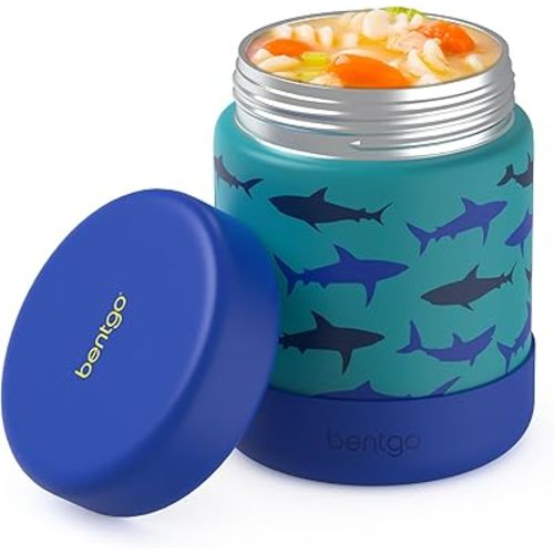 Bentgo Kids Stainless Steel Food Jar - 11oz Leak-Proof Double Insulated Hot or Cold Food Container with Removable Silicone Bumper, Dishwasher Safe, Easy Open Lid, Ages 3+ (Shark)