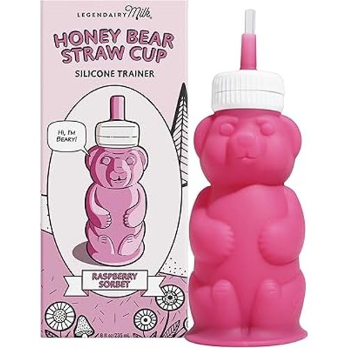 Legendairy Milk Honey Bear Straw Cup Silicone for Babies (Pink), 8 oz. Dishwasher Safe, Food Grade Silicone, Honeybear Sippy Cup for Ages 4+ Months