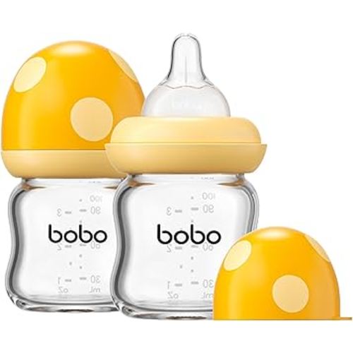 YOHKOH Natural Glass Baby Bottle with Level 1 Slow Flow Nipple, Newborn Anti-Colic Baby Bottles, Wide Neck Mushroom Baby Glass Bottle (Yellow, 3.4oz (Pack of 2))