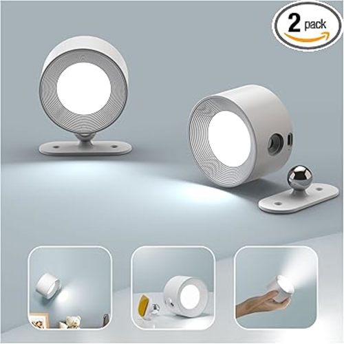 Koopala 2PACK LED Wall Lamps with Rechargeable Battery Operated, Wall Mounted Lights with 3 Brightness 3 Color Temp Removable Charging 360°Rotate Magnetic, Cordless Wall Sconces for Reading Bedside