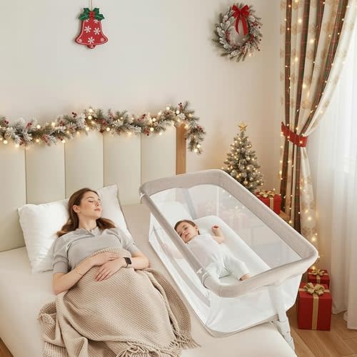 Cowiewie Bassinet Bedside Sleeper,Baby Bassinets Higher Place on Bed,5-Position Adjustment Baby Crib,Breathable 360°All-Around Mesh Sides Bedside Bassinet,Space-Saving Bedside Cribs, Beige