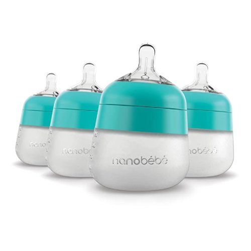 Nanobébé Flexy Silicone Baby Bottle, Anti-Colic, Natural Feel, Non-Collapsing Nipple, Non-Tip Stable Base, Easy to Clean 4-Pack, Teal, 5 oz