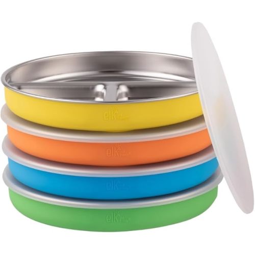 Elk and Friends Stainless Steel Divided Plates with Normal Sleeve for Babies & Toddlers | Lids Included Dinner & Snack Plates | 4 Pack