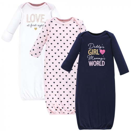 Hudson Baby 0-6 Months Cotton Infant Girl Gowns, Love At First Sight, 3 Piece