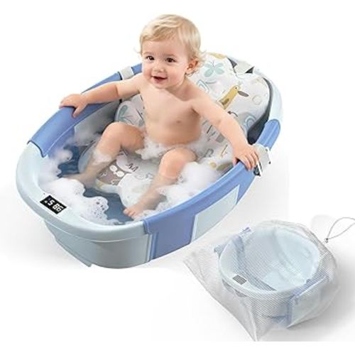 Collapsible Baby Bathtub, 3s to Install, Baby Bath Tub with Soft Cushion & Thermometer, 0-36 Months Newborn Bathtub,Portable Travel Baby Tub, Blue