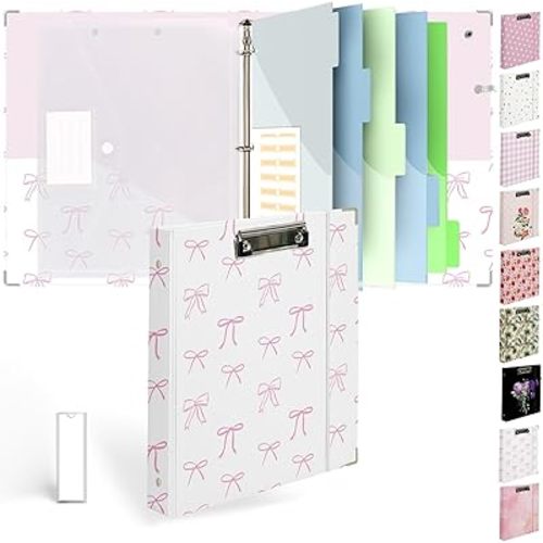 3 Ring Binder 1 inch with Clipboard - White & Pink Bow Design, Includes Dividers, File Bag & Spine Label - Classic and Elegant for School or Work, Holographic Waterproof Film