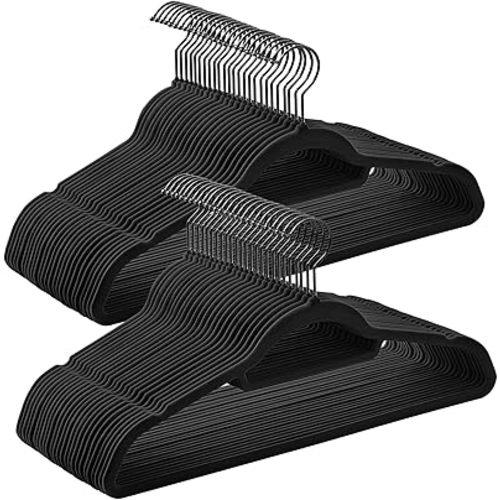 SONGMICS Velvet Hangers, Set of 50 Clothes Hanger with Black Swivel Hook, Non-Slip, and Space-Saving, 0.2-Inch Thick, 17.1-Inch Long for Coat, Shirt, Dress, Pants, Tie, Ink Black UCRF021B02