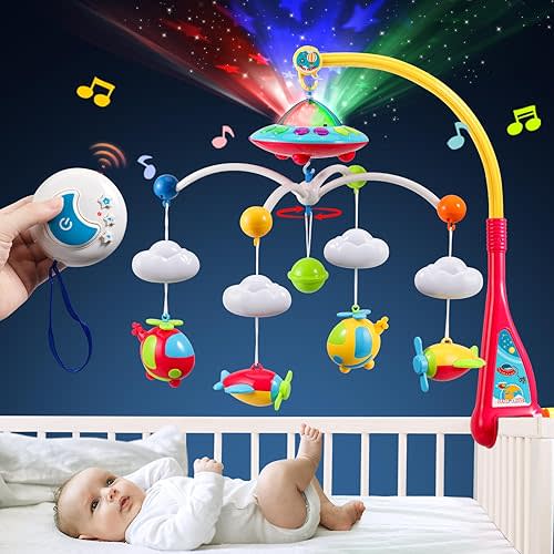 BOBXIN Baby Mobile for Crib, Crib Mobile with Projector and 108 Melodies Music, Crib Toys with Remote Control and Hanging Rattles Rotating,Toy for Newborn and Baby Boy Girl Sleep