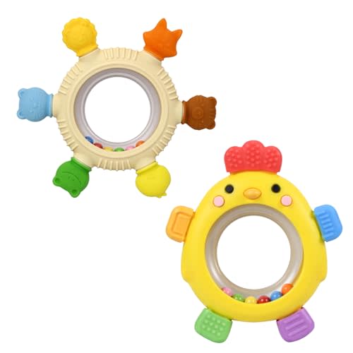 VISEWI 2 Pack Sensory Toys for Babies,Baby Teething Rings Toys for 0-6 6-12 Months Baby Rattle Teether Silicone Teether Relief Chew Soothing,BPA Free,Sore Gums Babys Teethers Toys