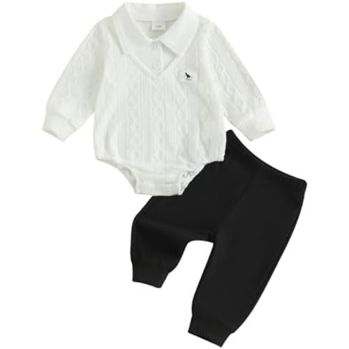Baby Boys Pants Set, Long Sleeve Dinosaur Patchwork Romper with Pants Fall Outfit