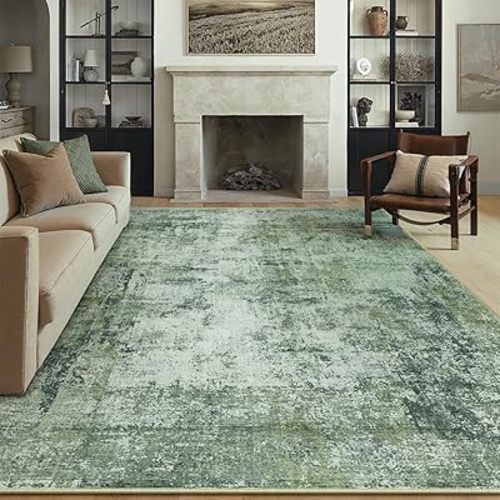 9x12 Washable Area Rug Dark Green Abstract Living Room Bedroom Carpet Neutral Modern Non-Slip Soft Low Pile Lightweight Vacuumable Large Throw Rug for Dining Room