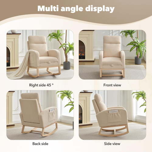 Nursery Rocking Chair with Retractable Footrest & High Backrest, Upholstered Glider Rocker Accent Chair for Breastfeeding Reading, Compact for Bedroom Living Room Apartments