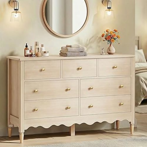 Cyclysio Dresser for Bedroom with 7 Drawers, 47" Wide Wooden Chest of Drawers, Wood Closet Clothes Storage Organizer, Storage Dresser TV Stand, Nature