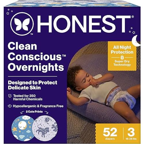The Honest Company Comfort Dry Overnight Diapers, Up to 12 Hours Protection, Hypoallergenic, Cozy Cloud + Star Signs, Club Box Size 3 (16–28 lbs), 52 Count