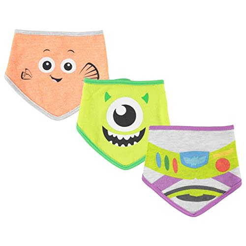 Happy Threads Disney Baby Unisex Bandana Bib 3-Pack - Baby Bibs Featuring Buzz Lightyear, Mike Wazowski & Marlin (Orange/Green/Grey, 0-12M)