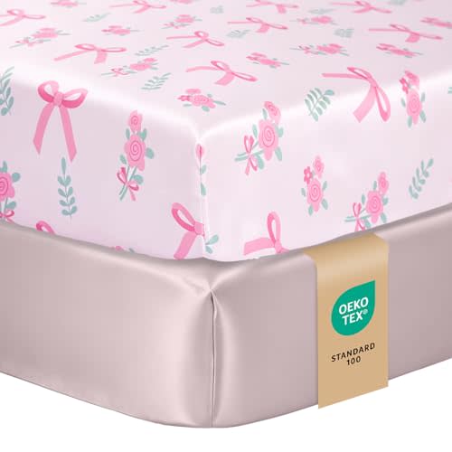 Baby Crib Sheets Girl, Toddler Bed Sheets Fitted for 52x28 Inch Standard Crib Mattress for Baby Girls, Set of 2 Super Soft Breathable Microfiber, Bow Flower, Dusty Pink
