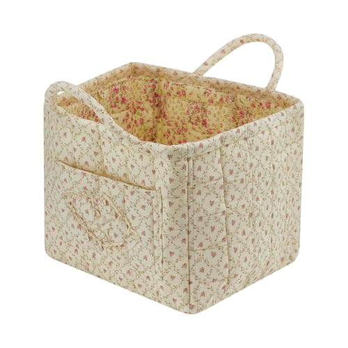 Boho Fabric Storage Basket Quilted Floral Print Baskets Organizer Bin with Handles for Home, Picnic, Shopping (Yellow, L)