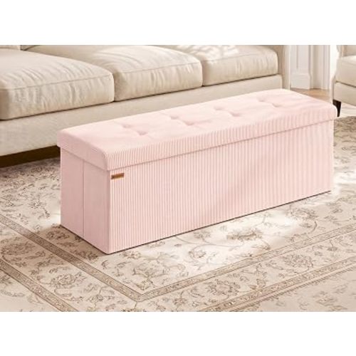 SONGMICS MAZIE Collection - Storage Ottoman Bench, Foldable Foot Rest, 15 x 43 x 15 Inches, End of Bed Bench, Storage Chest, Load 660 lb, Living Room, Bedroom, Entryway, Jelly Pink ULSF604R01