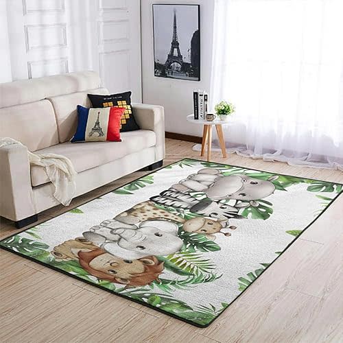 Jungle Safari Animals Tropical Leaves Area Rugs Lion Elephant Giraffe Hippo Zebra Green Leaves Floor Mats Baby Animals Throw Carpets for Toddler Nursery Bedroom Living Room Bathroom Playmat 20x32in