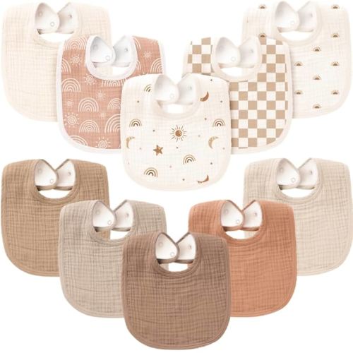 Konssy 10-Pack Muslin Baby Bibs, Soft Cotton Bandana Bibs for Drooling & Teething, Unisex Solid Colors for Boys & Girls, Newborn & Infant