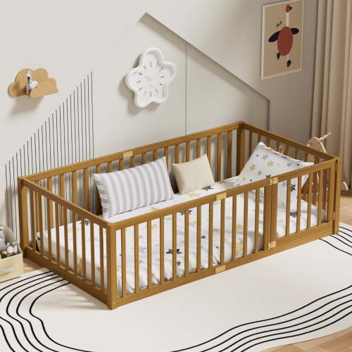 Twin Size Floor Bed with 21.6" High Fence for Kids, Solid Wood Multifunctional Montessori Bed Frame with Door, Without Slats, Light Espresso
