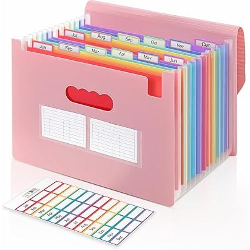 SKYDUE Pink Accordion File Organizer, 13 Pocket File Folder Organizer with Monthly Labels, Expanding Document Organizer for Letter A4 Size, Cute Filing Folder for School Office Home