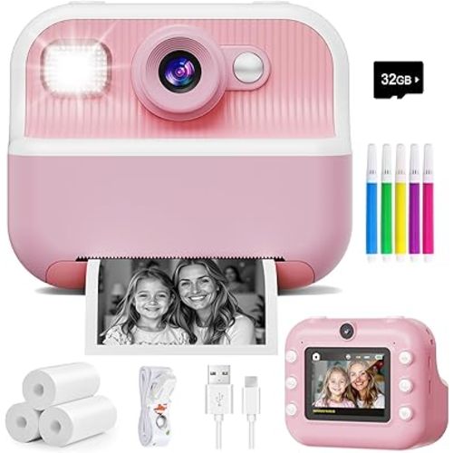 Instant Camera, Front Rear Dual Selfie Kids Camera with 1080P Videos, Holiday Birthday Gifts for Kids Age 3-12, Toddler Portable Travel Print Digital Camera Toy for 4 5 6 7 8 9 Year Boys Girls