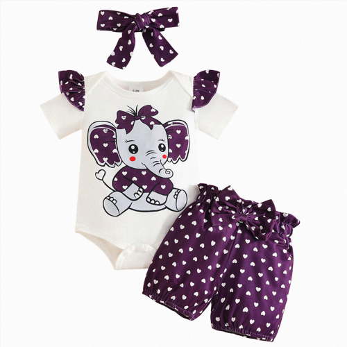 TOWED22 Infant Newborn Baby Girl Romper Clothes 3 Piece Sets Summer Outfits + Floral Shorts + Headband Round Neck Soft Bow(Purple,3-6 M)