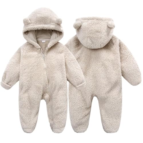 BYFRI Baby Fluffy Onesies Infant Fleece Jumpsuits Cute Bear Hooded One Piece Outfit Newborn Snowsuit Footed Outerwear