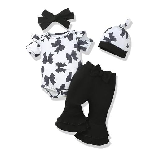 Renotemy Newborn Baby Girl Clothes Infant Romper Spring Summer Outfits Gifts Bell Bottoms Pant Sets for Girls Preemie-12Month