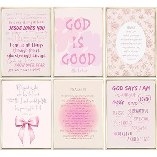 6Pcs Pink Bible verse Canvas Wall Art Inspirational Coquette Preppy Christian Scripture Paintings Pictures Wall Decor Poster Prints Artwork for Apartment Dormitory Bedroom Girl's Room Unframed