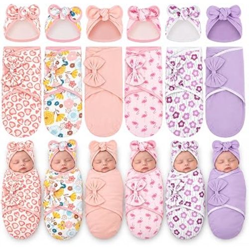 Ramede 6 Pack Preemie Swaddle with Hat, 100% Cotton, Bow, Pink