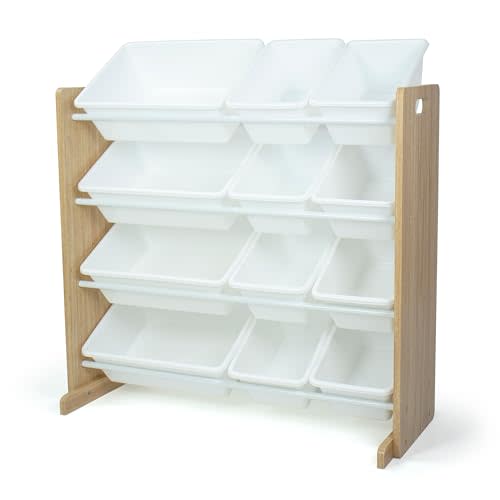 Humble Crew Kids Toy Organizer with 12 Bins, 4 Tier Storage for Playroom | Sturdy wood and steel toddler shelf, removable BPA-free containers, wall anchor anti-tip safety kit for bedroom or classroom