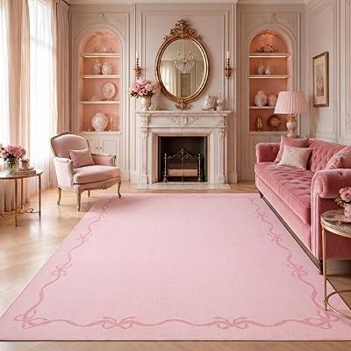 Garvee Solid Pink Rug for Bedroom Girls, 5x7 Bow Area Rugs for Living Room with Soft Low Pile, Non Slip Coquette Washable Rug 5x7 for Nursery Kids Playroom Dining Room College Dorm Carpet