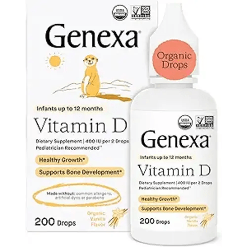 Genexa Infants Vitamin D Liquid Drops for Newborn, Baby & Toddler | Supports Growth & Bone Development | Delicious Organic Vanilla Flavor | Certified Organic, Gluten Free, & Non-GMO | 90 Servings