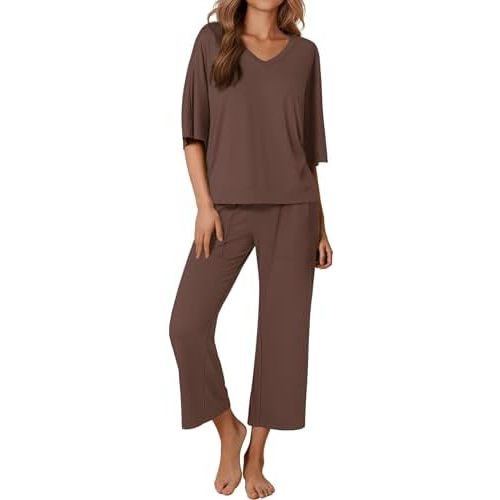 Ekouaer Lounge Sets for Women Comfy Pajamas Set 2 Piece Outfits Short Sleeve Tops and Wide Leg Pants with Large Pockets