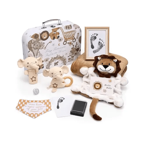 Lictin Baby Gift Set for Boys Girls, Baby Shower Gifts, Neutral Newborn Gifts Basket with Baby Blanket, Wooden Monthly Milestone Cards, Elephant Security Blanket, Rattle Socks and Wrist (Brown)