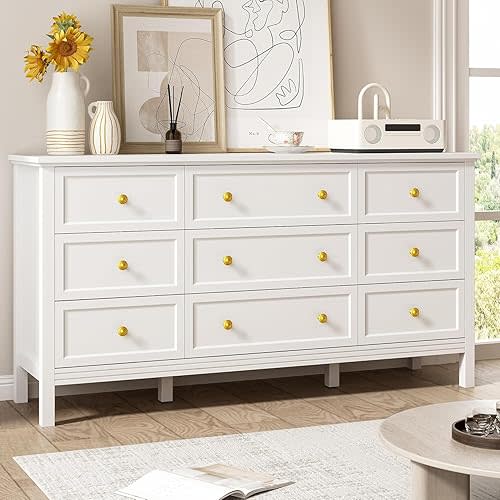 LYNSOM White Dresser for Bedroom with 9 Drawers, Modern Wide Chest of Storage Drawer with Gold Handles, TV Stand Dresser, Wood Dressers for Bedroom, Living Room, Hallway, Entryway, 59’’