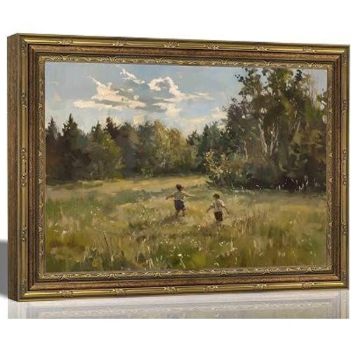 Vintage Gold Framed child Wall Art,Retro Country Canvas Print,12x16 Inch