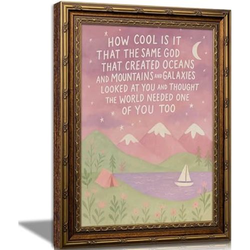 Gold Framed Christian Inspirational Quote Wall Art, God Scripture Nursery Canvas Print, Pink Boho Mountain Wall Decor Picture, Same God Creation Artwork for Baby Girl Room Bedroom Dorm 9x11In