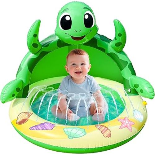AMENON Inflatable Baby Pool Float with Canopy, Turtle Baby Swimming Pool with Shade Sprinkler for Kids - Kiddie Pool Outdoor Water Games Toys for Toddlers Summer Play Center Backyard Water Activity