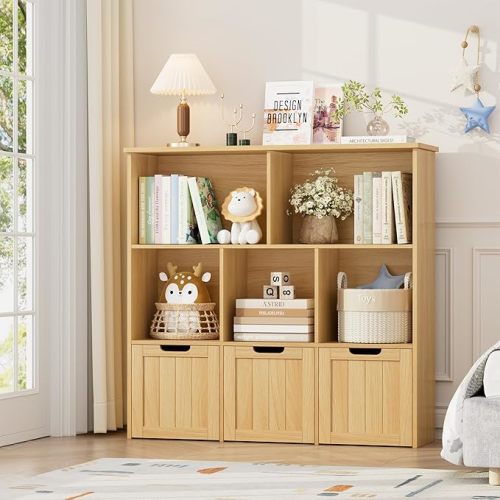 FOTOSOK Toy Storage Organizer with 3 Movable Drawers, Floor Storage Cabinet Toy Chest with Hidden Wheels and 5 Storage Cubbies, Multifunctional Storage Chest for Playroom, Natural