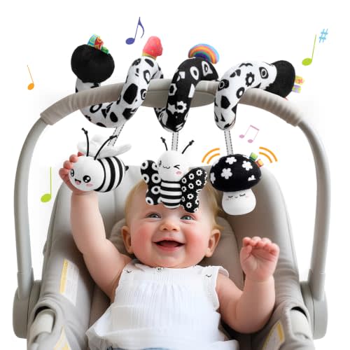 Spiral Carseat Toys for Infants 0-6 Months, Black & White | Baby Stroller Pram Activity Hanging Toys, High Contrast Soft Plush Travel Sensory Toy, for Newborn Boys Girls