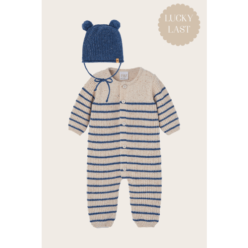 Navy and Beige Striped Babysuit with Beanie