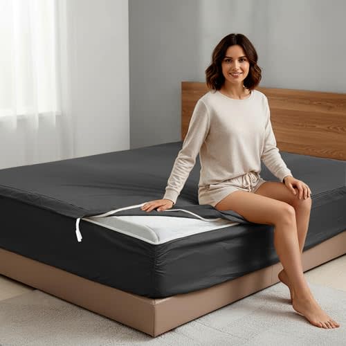 Zipper Fitted Sheet King-1 Base 16"+ 2 Zip On Sheets Cotton Dark Grey | Zipper Sheets, Zip Up Sheets,Upto 16” in. Deep (78X80) Zipper Fitted Sheet Easy to Change and Install - Dark Grey