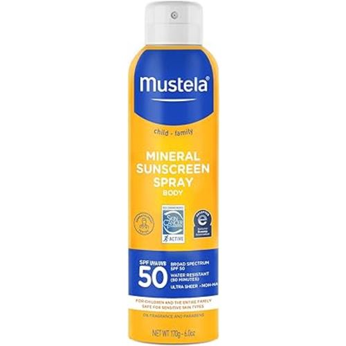 Mustela Baby Mineral Sunscreen Spray SPF 50 Broad Spectrum - Body Sun Spray for Sensitive Skin - Water Resistant & Fragrance Free - 6 fl.oz.