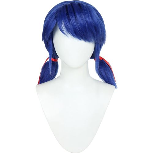 Micotaku Miraculous Ladybug Officially Licensed Blue Wig Short Pigtail Anime Halloween Cosplay Wig with Red Ribbon
