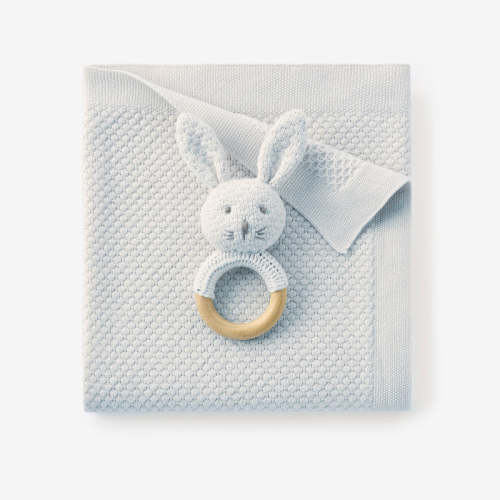 Pale Blue Textured Knit Blanket + Bunny Ring Rattle Gift Set BLUE / 30X40