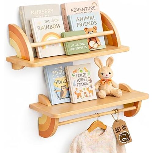 Nursery Floating Shelves Set of 2 - Solid Beech Wood Rainbow Floating Book Shelves for Kids Wall, Nursery Wall Shelf with Hanging Bar for Baby Room Decor, Toddler Bookshelf, Holds 50lbs